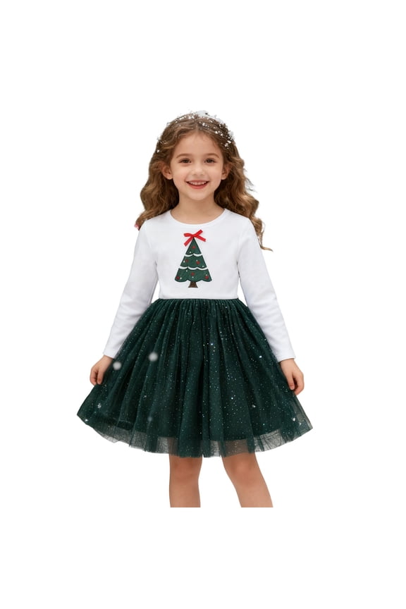 Girl Christmas Dresses Long Sleeve Mesh Sequin Skirt Xmas Trees Print Tutu Skirts Fall Fashion Dresses for Girl Role Play Christmas Party 2025