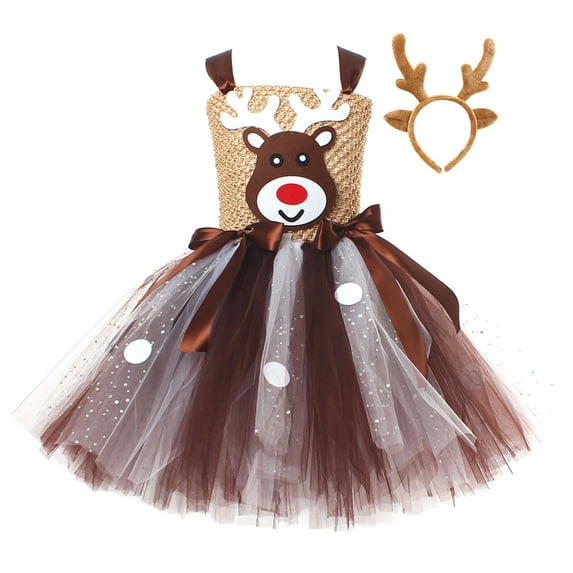 shqvo Girl Christmas Reindeer Mesh Tulle Reindeer Princess Dress+Antler Headband Set Fancy Party Outfit Christmas Dresses for Girls