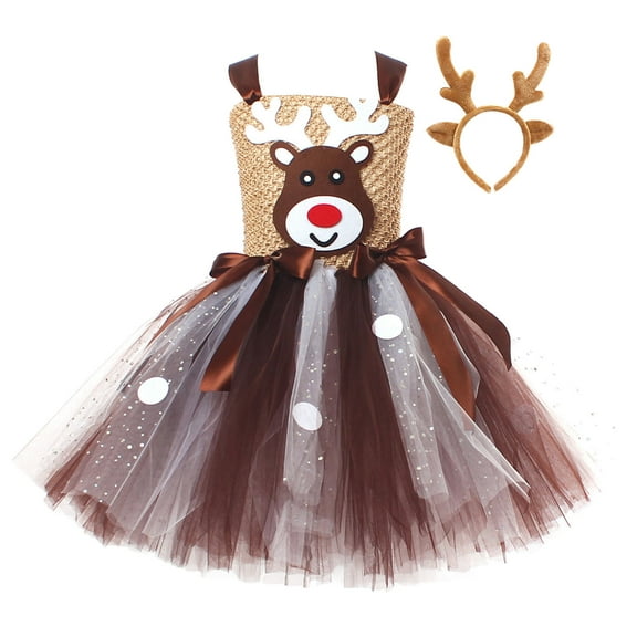 shqvo Girl Christmas Reindeer Mesh Tulle Reindeer Princess Dress+Antler Headband Set Fancy Party Outfit Christmas Dresses for Girls