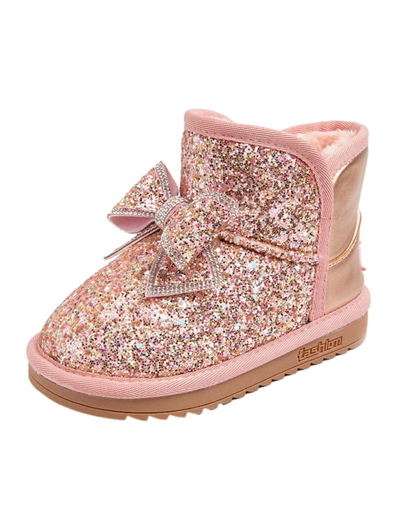 Girl's Ankle Boots Glitter Pull on Short Booties Low Block Heel Short Boots for Little Kids/Big Kid Round Toe Velvet Winter Shoes Comfortable Outwear Shoes