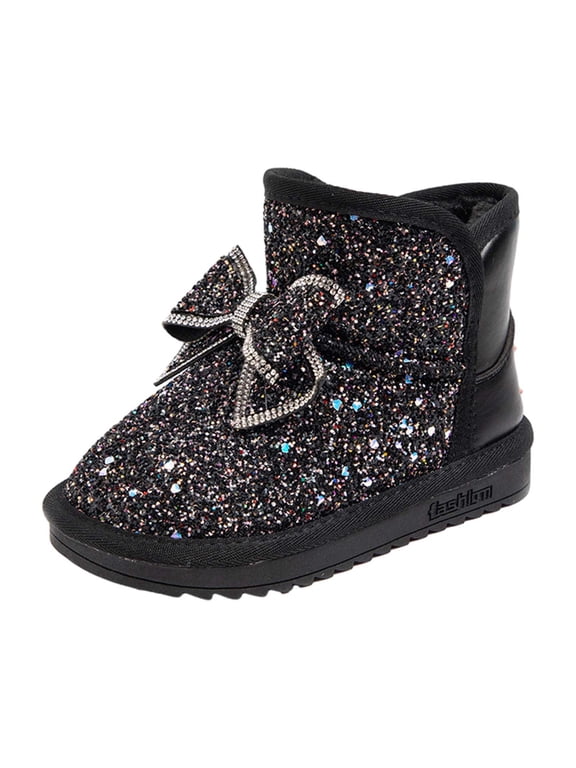 Girl's Ankle Boots Glitter Pull on Short Booties Low Block Heel Short Boots for Little Kids/Big Kid Round Toe Velvet Winter Shoes Comfortable Outwear Shoes