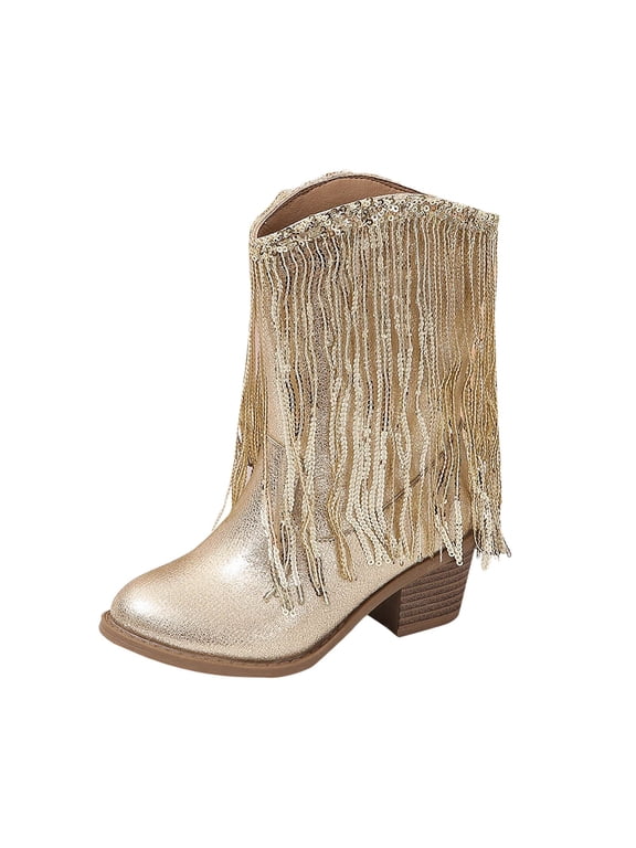 Girl's Cowgirl Boots Cowboy Fringe Kids Rain Boots Wterproof Western Boots Heel Tassel Mid Calf Boots Kids Pointed Toe Riding Boots