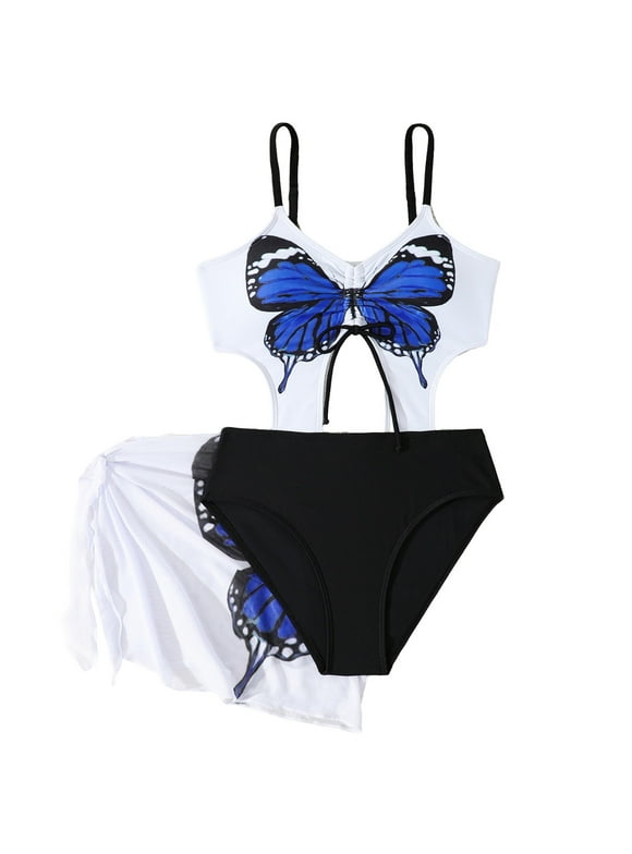 Girl's Cut Out Bathing Suit with Sarong Sleeveless Strap Swimsuit Summer Trendy Beachwear 2 Piece Girls Swimsuits Size 10-12