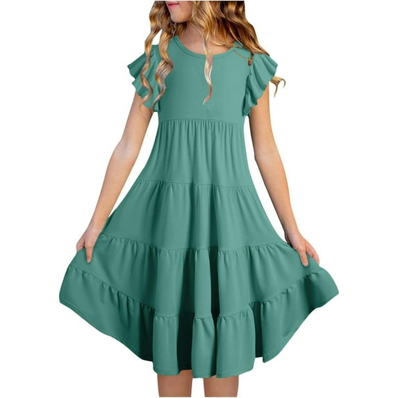 shqvo Girl's Dresses Size 18, Flutter Sleeve Solid Color Crew Neck Casual Dress Tiered Swing Midi Tutu Skirt for Girls