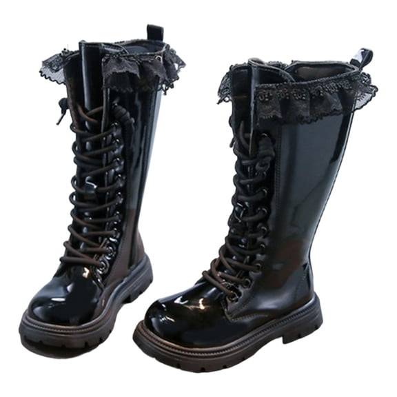 shqvo Girl's Knee High Riding Boots Lace Up Side Zipper Combat Boots Fleece Lined Shose Lug Sole Chunky Heels Winter Shoes for Girls Size 4-12 Years