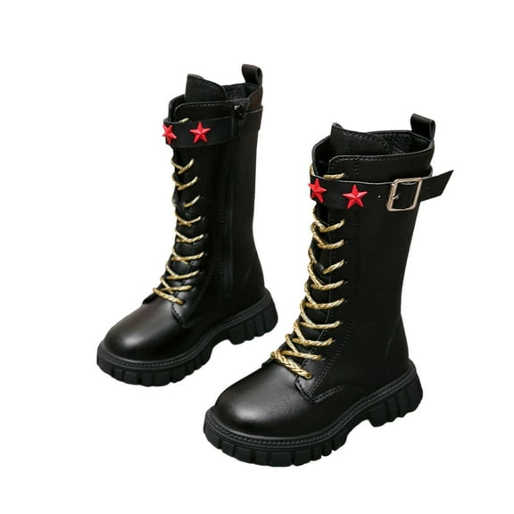 shqvo Girl's Knee High Riding Boots Lace Up Side Zipper Combat Boots Golden Shoelaces Belt Buckle Slim Shose Lug Sole Chunky Heels Shoe