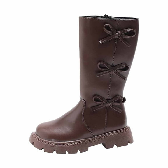 shqvo Girl's Knee High Riding Boots Leather Bowknot Side Zipper Combat Boots Wide Leg Shose Lug Sole Chunky Heels Shoes Winter Boots for Girls