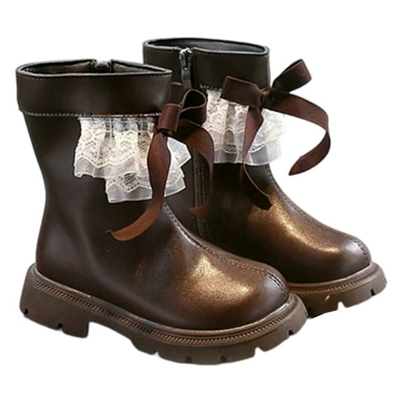 shqvo Girl's Mid Calf Boots with Lace Ruffles Ribbon Bows Side Zipper Warm Booties Lined Winter Boots for Dress/School/Outdoor