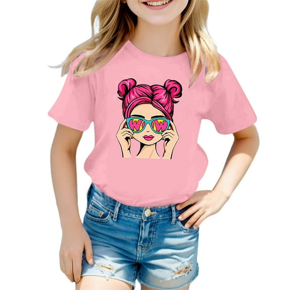 shqvo Girl's Shirts Cartoon Print T Shirt Short Sleeve Summer Tees Cute Pullover Tops for Little Kids Back to School