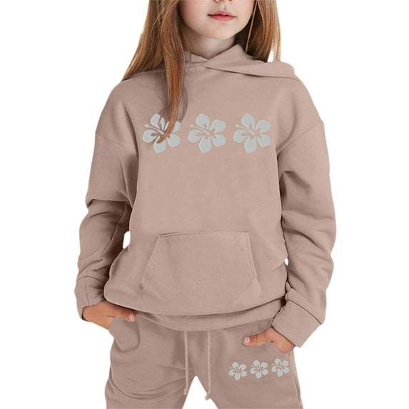 shqvo Girls' Activewear Hooded Sets Size 1-13 Floral Hooded Hoodie and Sweatpant 2 Piece Sweat Suits Long Sleeve Solid Color Kids Sweat Set Fall Outfits Fall Clothes for Toddler Girls