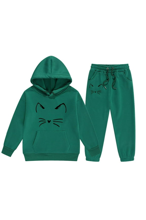 Girls' Activewear Hooded Sets Size 2-13 Catrtoon Cat Print Hooded Hoodie and Sweatpant 2 Piece Sweat Suits Long Sleeve Solid Color Kids Sweat Set Fall Outfits Fall Clothes for Toddler Girls
