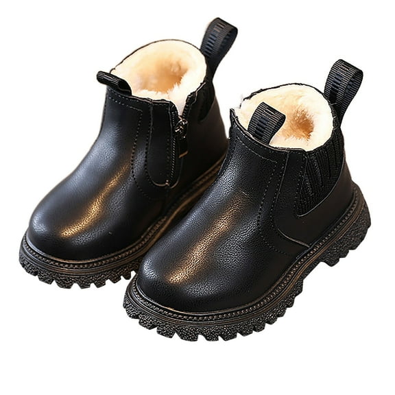 shqvo Girls Ankle Boots Fleece Lined Side Zipper Leather Patchwork Booties Winter Fall Waterproof Outdoor Toddlers Shoes