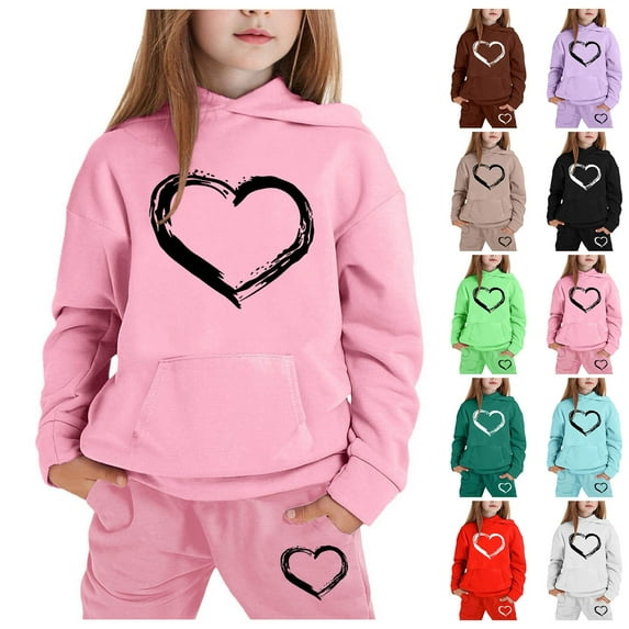 shqvo Girls Boys 2 Piece Tracksuit Athletic Sweatsuits Bow/Letter Print Hooded Sweatshirt and Jogger Sweatpants Clothing Sets For Kids Preppy Clothes for Valentines Day