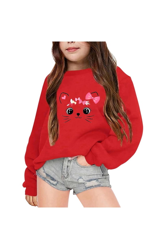 Girls Hoodies Cat Face Print Hooded Sweatshirt Graphic Sweatshirt Long Sleeve Crewneck Casual Peppy Pullover Tops for Kid Size 3-14 Years