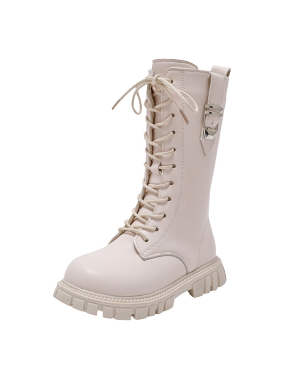 Girls Lace Mid Calf Boots Leather Booties For Kids Winter Fashion Shoes Warm Stylish Boots with Bowknot Low Heels Sole Riding Boots with Side Zipper