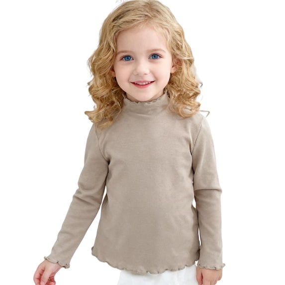 shqvo Girls Lettuce Trim Neck Long Sleeve Shirts Casual Scalloped Shirts for Toddler Girls Plain Base Layer T-Shirt Cotton Blouse Kids Girls Tops Tees Fall Clothes