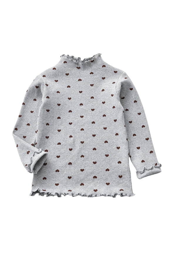 Girls Lettuce Trim Neck Long Sleeve Shirts Ribbed Knit Slim Fit Base Layer for Toddler Girls Scalloped T-Shirt Cotton Heart Print Blouse Kids Girls Tops Tees