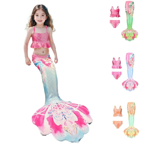 shqvo Girls Mermaid Bathing Suit 3PCS Hot Spring Bikini Swimsuits with Fish Tail Kids Beach Outfit Set for Kid