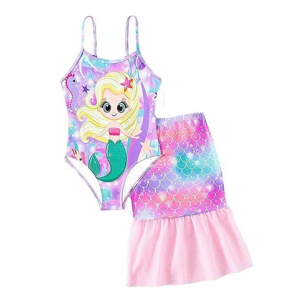 shqvo Girls One Piece Swimsuit with Cover Up Beach Mermaid Skirt Set Two Piece Trendy Mermaid Bathing Suit Cute Summer Swimwear
