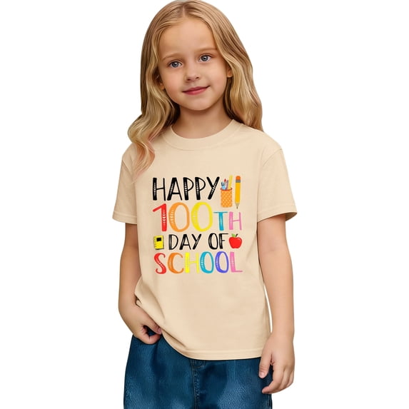 shqvo Girls Tops 5t 100 Days Of School Print Short Sleeve T-Shirt School Uniform for Girls Fashion Preppy Clothes Toddler Clothes for Girls
