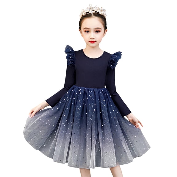 shqvo Girls Tutu Dresses Long Sleeve Ruffle Fall Winter Holiday Star Sequin Tulle Dress 3-11Y