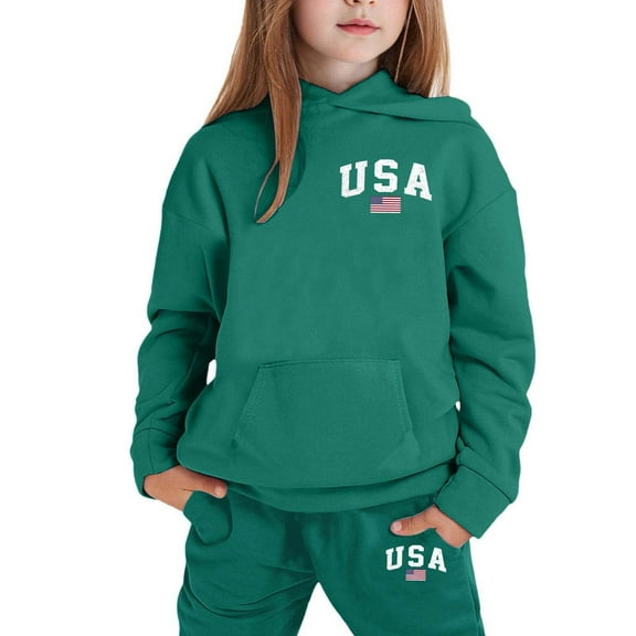 shqvo Girls USA Sweatsuit 2 Piece Outfits Long Sleeve Active Sweatshirts Cargo Jogger Sweatpants Youth Preppy Activewear Sets