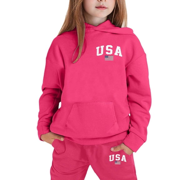 shqvo Girls USA Sweatsuit 2 Piece Outfits Long Sleeve Active Sweatshirts Cargo Jogger Sweatpants Youth Preppy Activewear Sets