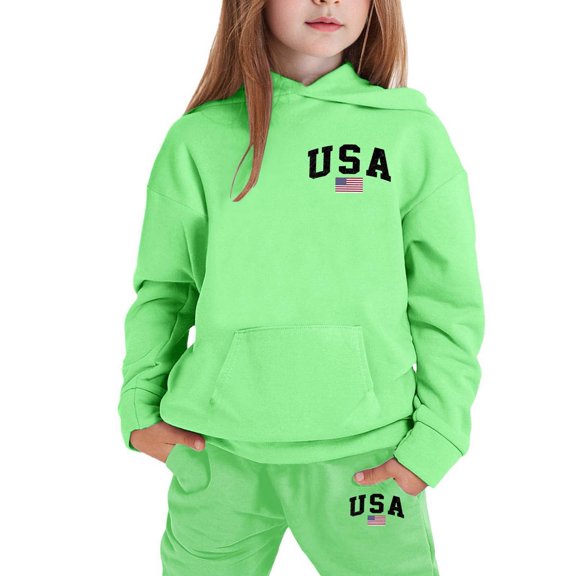 shqvo Girls USA Sweatsuit 2 Piece Outfits Long Sleeve Active Sweatshirts Cargo Jogger Sweatpants Youth Preppy Activewear Sets