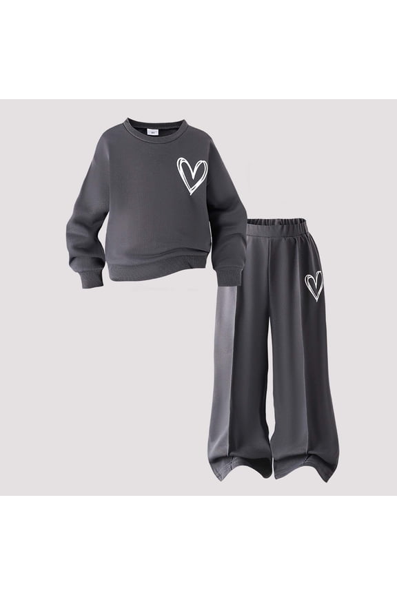 Grils Valentines Day Outfit Heart Print Sweatshirts and Casual Pants Cute Valentine's Shirts Wide Leg Trousers 2 Piece of Outfits for Little Kids Valentines Gifts for Kids Classroom