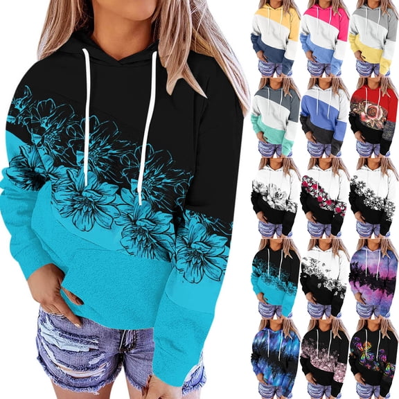 shqvo Hoodies for Women Drawstring Color Block Hooded Sweatshirt with Patch Flower Trendy Long Sleeve Sweatshirt Hoodies with Pockets Womens Fashion Clothes