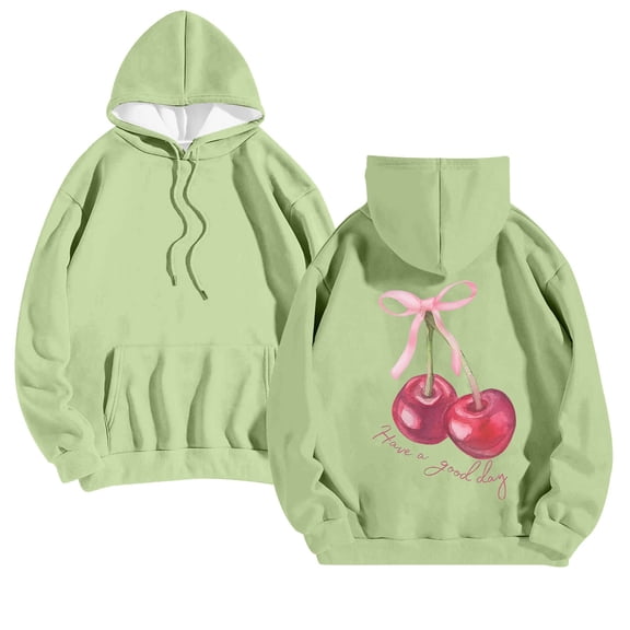 shqvo Hoodies for Women Drawstring Solid Color Hooded Sweatshirt with Cherry Print Trendy Long Sleeve Sweatshirt Hoodies with Pockets Plus Size Fashion Clothes