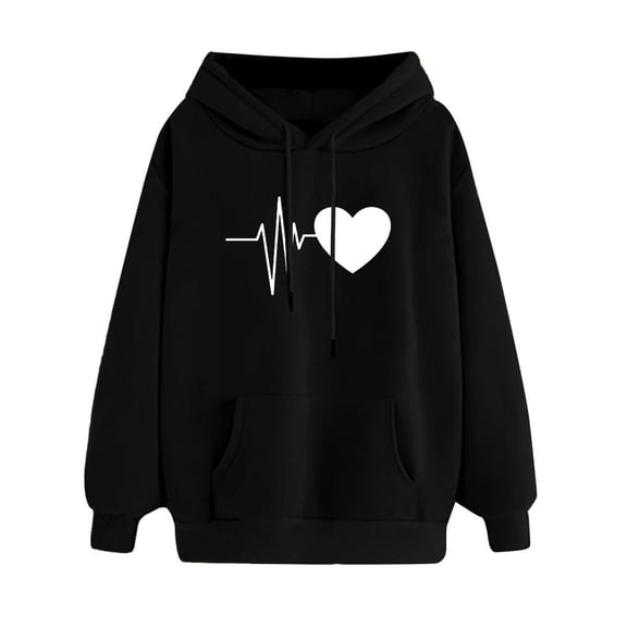 shqvo Hoodies for Women Drawstring Solid Color Hooded Sweatshirt with Heart Beat Print Trendy Long Sleeve Sweatshirt Hoodies with Pockets Plus Size Fall Fashion Clothes