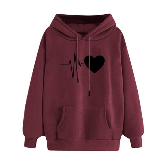 shqvo Hoodies for Women Drawstring Solid Color Hooded Sweatshirt with Heart Beat Print Trendy Long Sleeve Sweatshirt Hoodies with Pockets Plus Size Fall Fashion Clothes