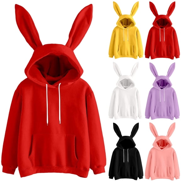 shqvo Hoodies for Women Solid Color Ear Hooded Sweatshirt Trendy Long Sleeve Sweatshirt Hoodies with Pockets Fall Fashion Clothes