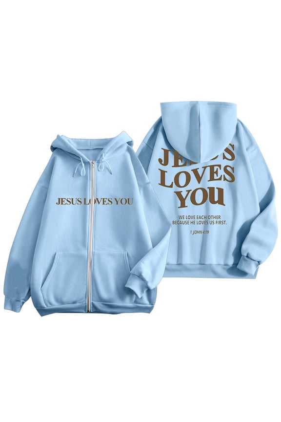 Jesus Loves You Hoodie Zip Up Hoodie Women Oversized Christian Sweatshirts Lightweight Long Sleeve Fleece Jacket with Pockets Preppy Clothes