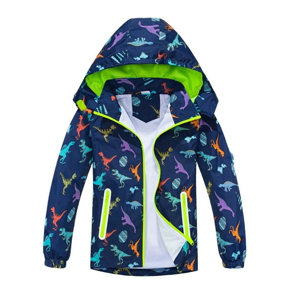 shqvo Kids Dinosaur Print Hooded Jacket Windproof Raincoat Zipper Coat For Boys Girls All Seasons Outdoor Play