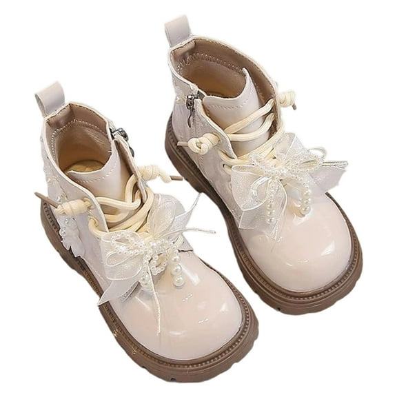 shqvo Kids Girls Lace Up Ankle Boots Pearl Flower Bow Side Zipper Low Heel Solid Color Outdoor Winter Warm Shoes Square Toe Soft Boot