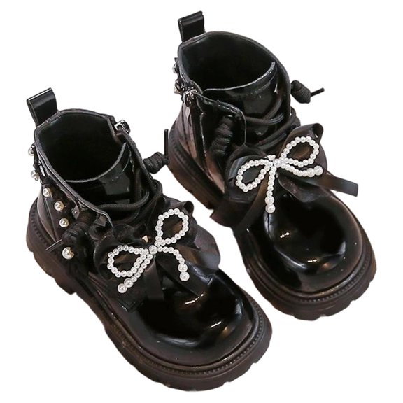 shqvo Kids Girls Lace Up Ankle Boots Pearl Flower Bow Side Zipper Low Heel Solid Color Outdoor Winter Warm Shoes Square Toe Soft Boot