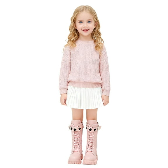 shqvo Knee High Boots Girls Lace Up Riding Boots Combat Boots Solid Color Flat Heel Buckle Boots Side Zipper Chunky Heels Shoes Princess Shoes Girls White/Black Boots