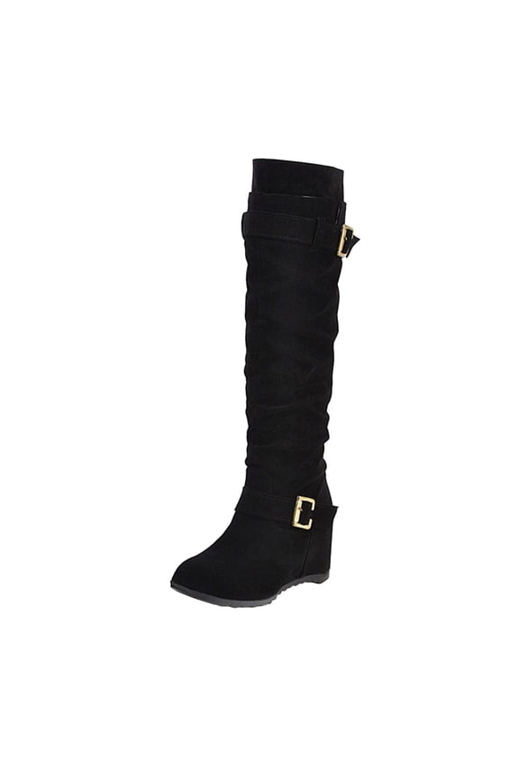 Knee High Boots Women Thigh High Boots Ladies Fashion Suede Belt Buckle With Elevated Wedge Heel Round Toe Long Boots