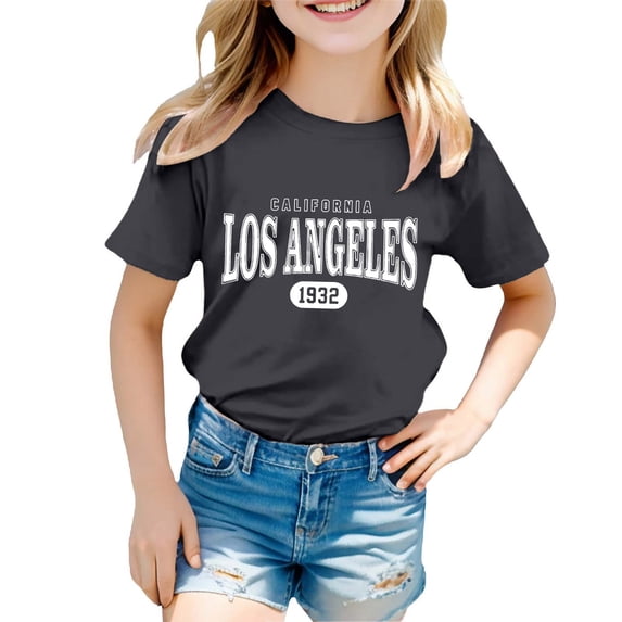 shqvo LOS ANGELES T Shirt for Girls Fashion New York Letter Graphic Print Shirts Pullover Short Sleeve Cute Y2K Shirt Kids Tops