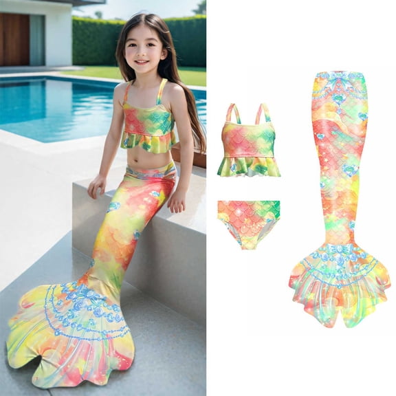 shqvo Tails Swimwear for Swimming Girls Swimsuit Princess 3Pcs Bikini Bathing Suit Set Beach Gift for Kids 4-13 Years Summer Clothes