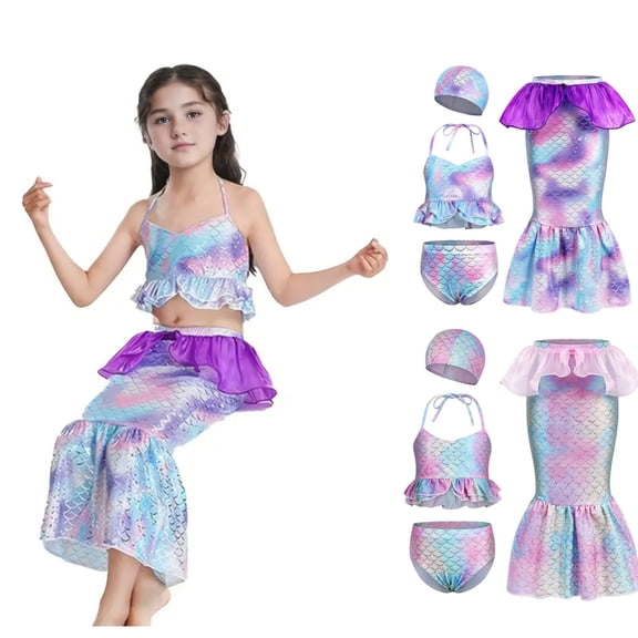 shqvo Tails Swimwear for Swimming Girls Swimsuit Princess 4Pcs Bikini Bathing Suit Set with Hat Beach Gift for Kids 4-13 Years Summer Clothes