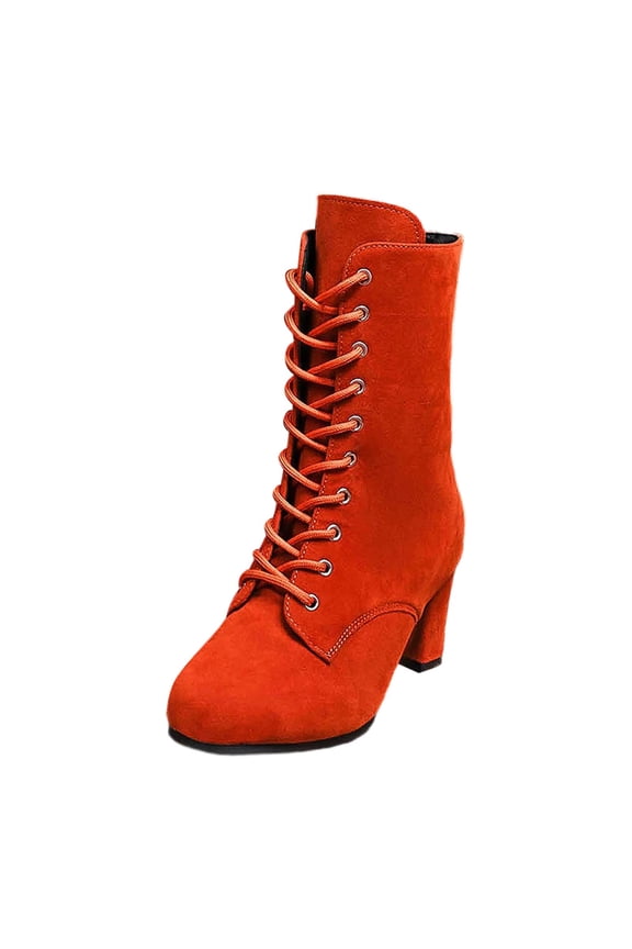 Mid Calf Suede Boots for Women Lace Up Boots for Women Pointed Toe Chunky Heel Fall Boots Women Short Mid Calf Length Trendy Womens Boots