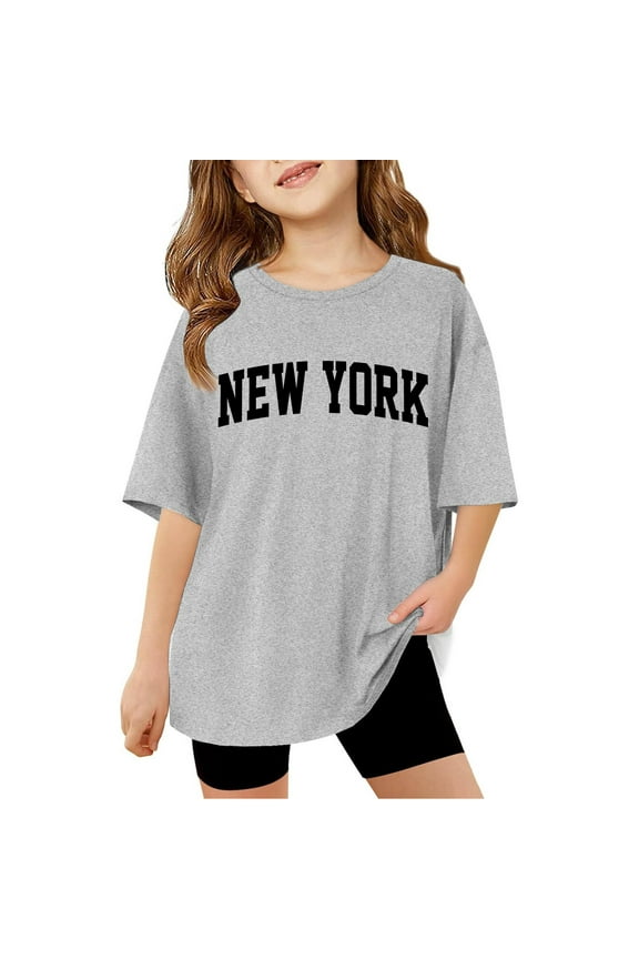 New York T Shirt for Girls Letter Print Pullover Shirts Fashion Graphic Print Shirts Short Sleeve Cute Tees Kids Tops