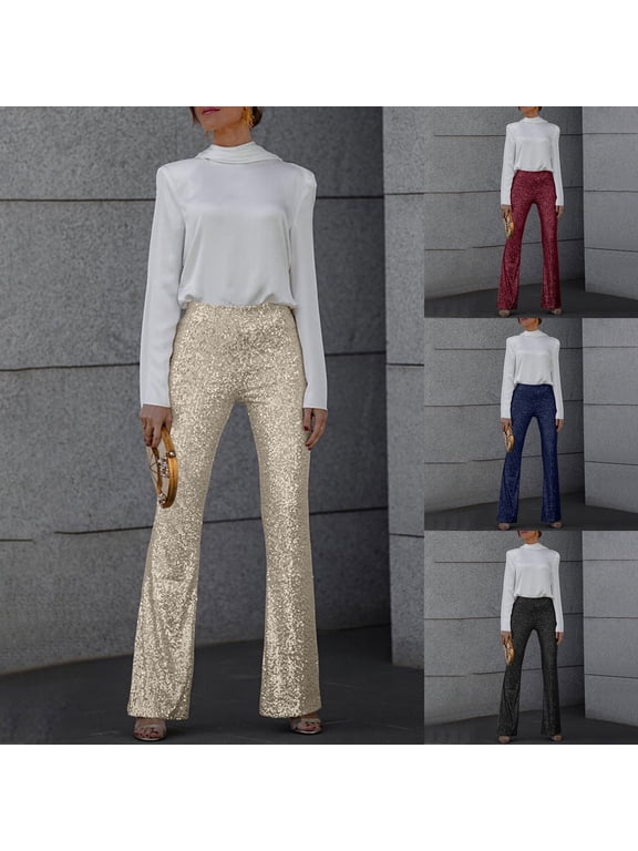 Sequin Pants for Women, High Waisted Leggings for Women Sparkly Glitter Loose Sweatpants Wide Leg Trousers Women Yoga Pants Bell Bottoms Mardi Gras Outfit for Women