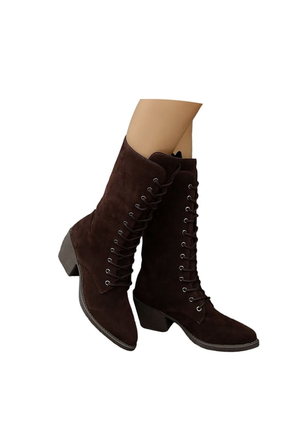 Suede Lace Up Mid Calf Boots for Women Medieval Vintage Chunky Heel Boots Fall Winter Trendy Suede Mid Calf Short Boot Fall Boots for Women 2025