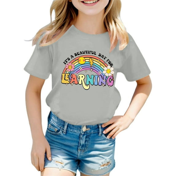 shqvo T-Shirts for Girls 11-12 Round Neck Short Sleeve Embroidered Print Trendy Pullover Tops Boys' Tops, Tees & Blouses