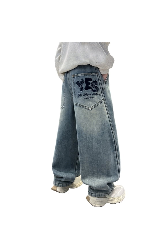 Teen Boys Jeans Size 14-16 Wide Leg High Waisted Plain Wide Leg Jeans Boy Loose Casual Baggy Fashion Trousers Streetwear with Pockets Blue 13-14 Years