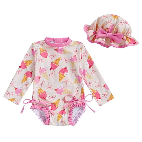 shqvo Toddler Baby Girl Swimsuit One-Piece Long Sleeve Cute Print Zipper Bathing Suit Rash Guard Swimwear with Hat Ruffle Girls Swimsuits
